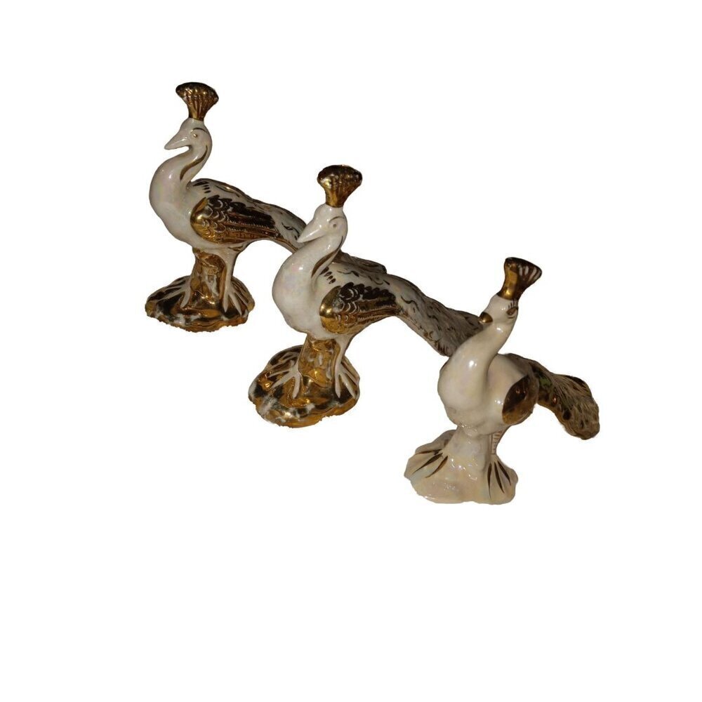 Vintage Bel-Air Pottery USA Lusterware with Gold Gifting Set of 3 Peacocks